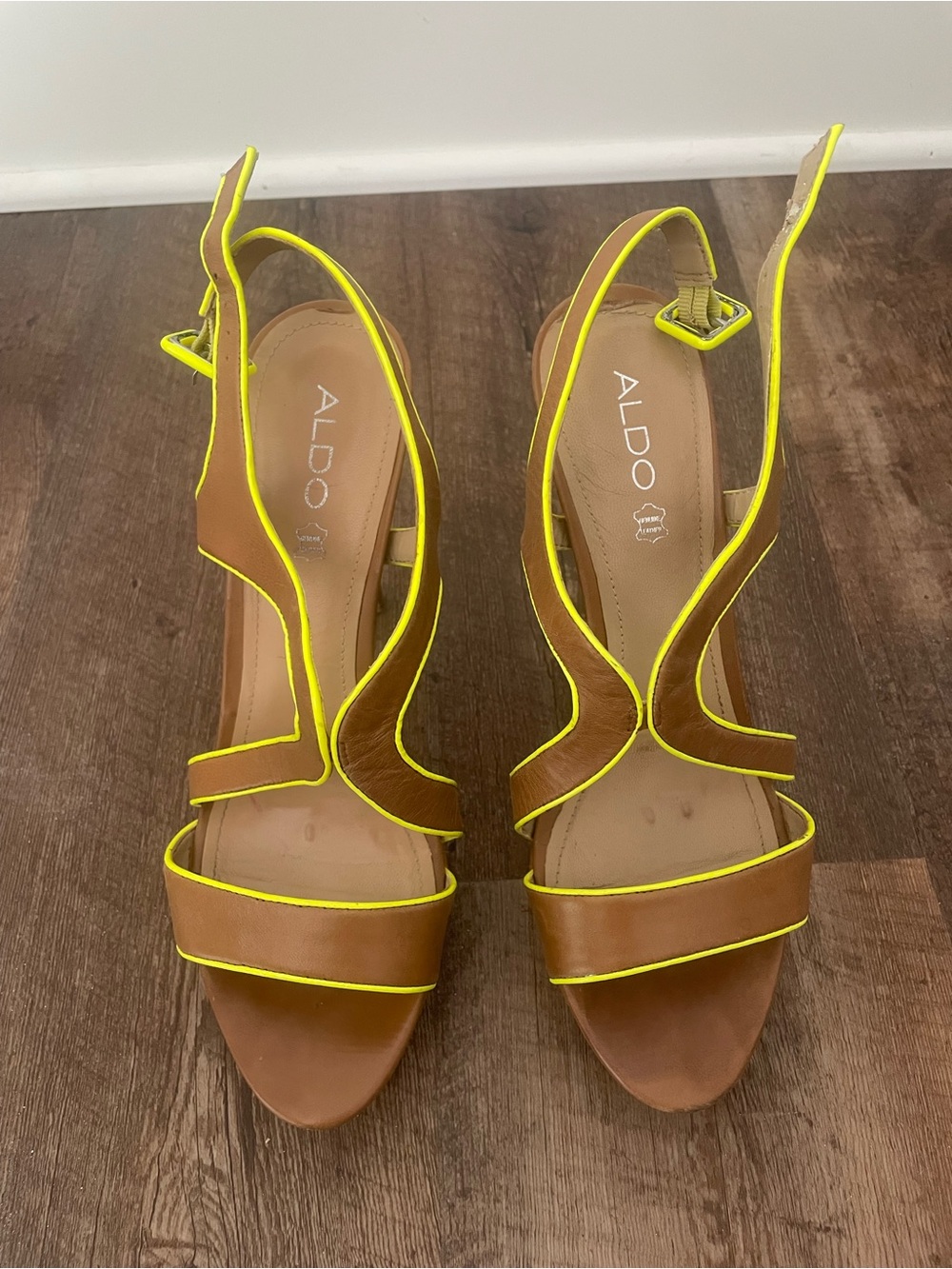 ALDO Brown Leather Heels with Neon Yellow Trim